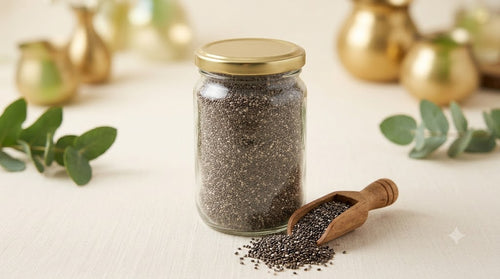 Chia seeds glass jar with gold lid