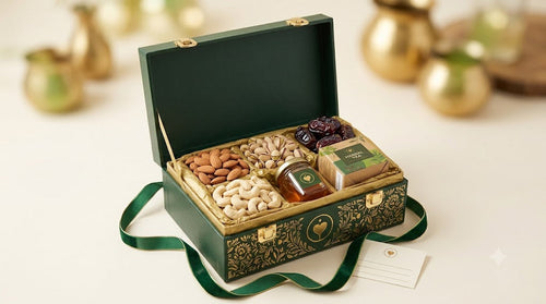 Diwali Premium Hamper rigid keepsake box with almonds, cashews, pistachios, dates, honey and herbal tea