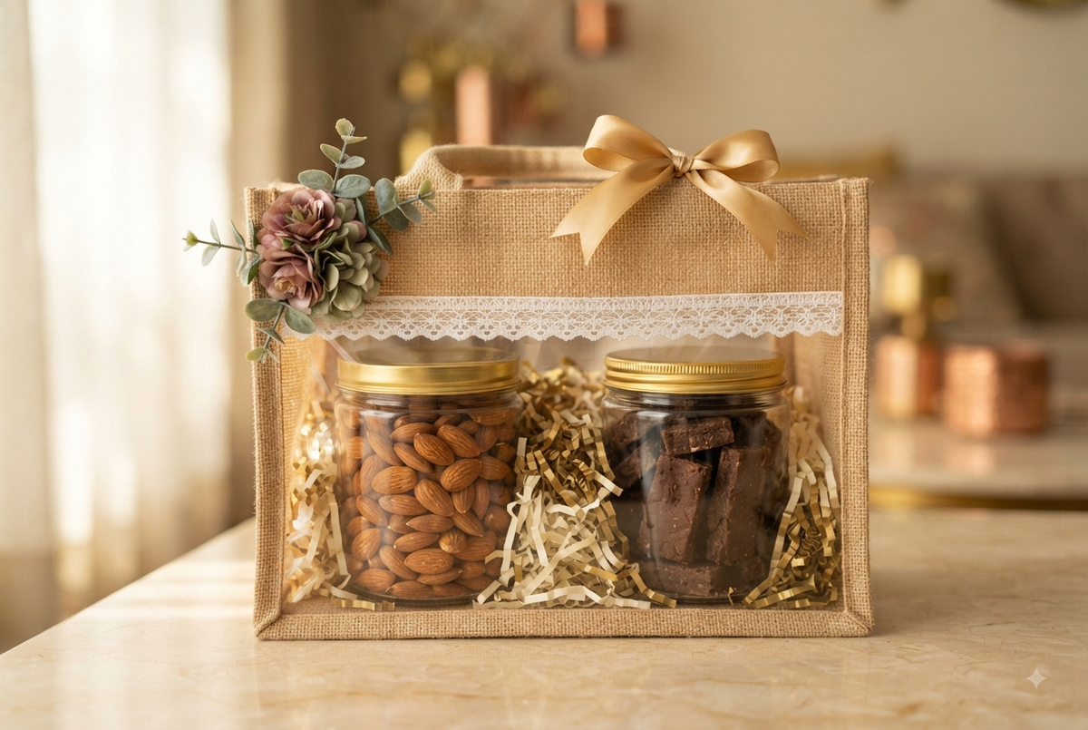 NutriTohffa Regular Diwali Hamper — two glass jars of almonds and protein bar pieces in a jute gift bag with lace trim and gold ribbon bow