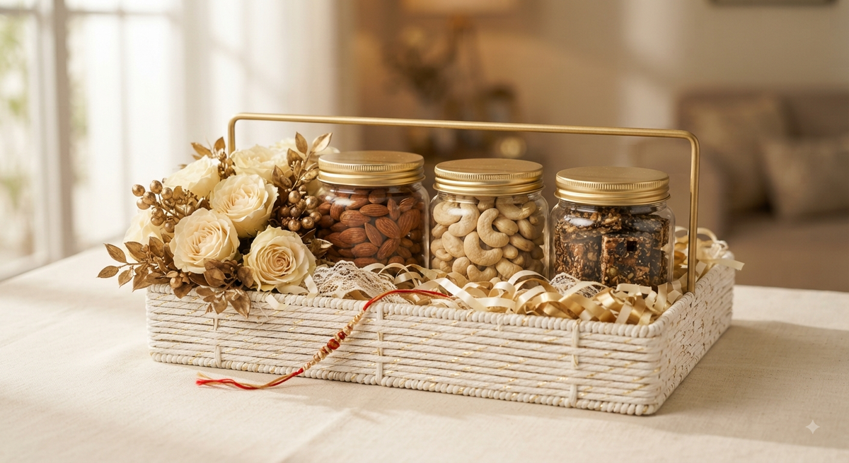 NutriTohffa Utsav Premium Tray — three glass jars of almonds, cashew W240 and protein bar in a white and gold wicker tray with floral accent